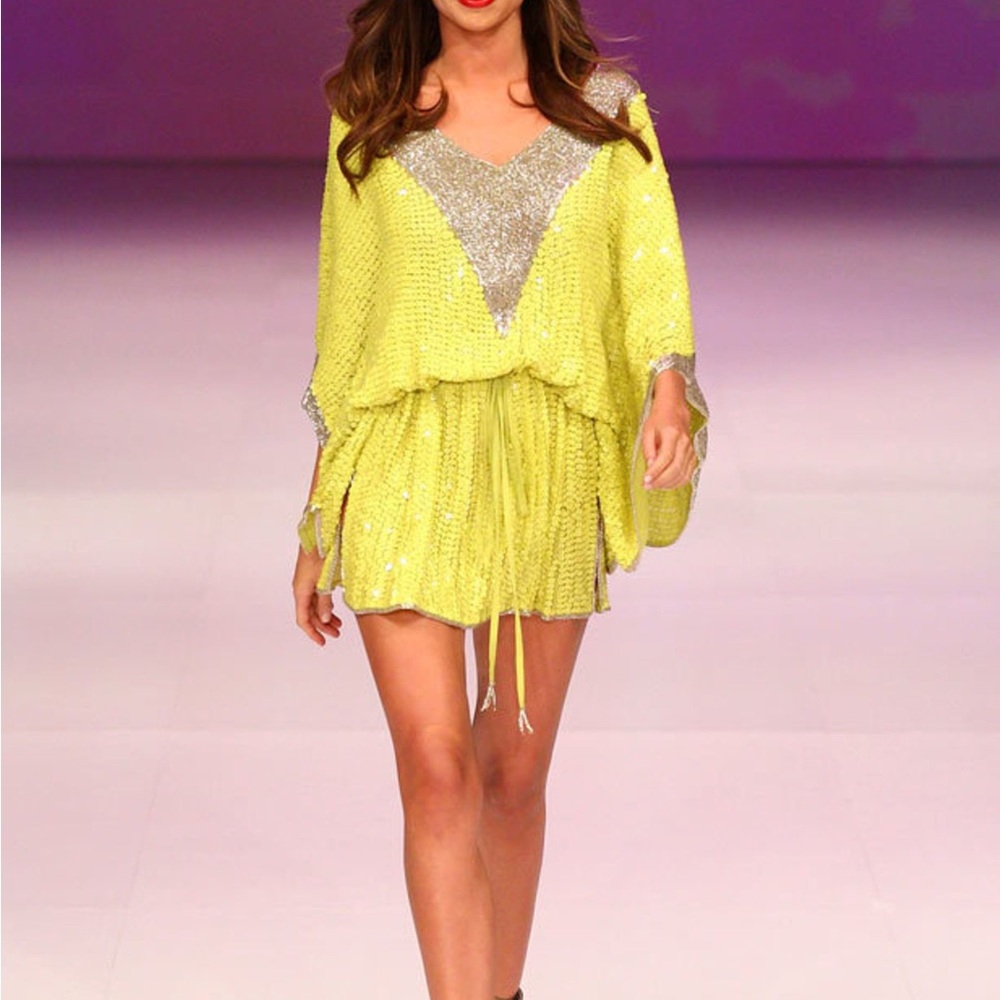CAMILLA yellow sequin beaded short kimono kaftan runway dress OS *READ*